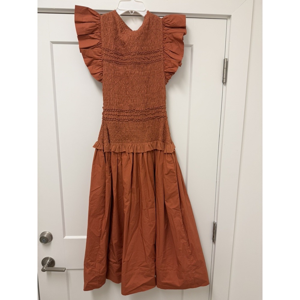 ULLA JOHNSON Madeline ruffled smocked cotton-jersey midi dress size 4